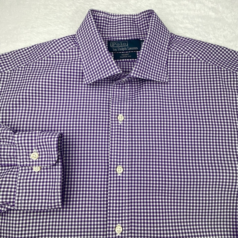 POLO Ralph Lauren Dress Shirt Mens 17-32/33 Purple/White Checks Classic Fit